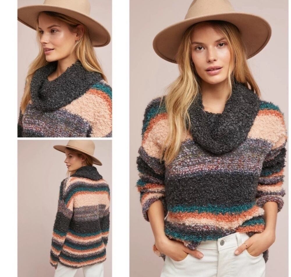 Anthropologie Moth Murray Wool Mohair Blend Stripe Fuzzy Cowl Neck Sweater Sz XS
